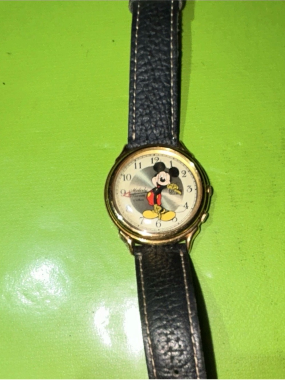 Disney Mickey Mouse Gold Tone Watch with Black Leather Strap